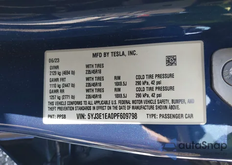 2023 Tesla Model 3 Rear-Wheel Drive from USA, damaged, VIN 5YJ3E1EA0PF609798